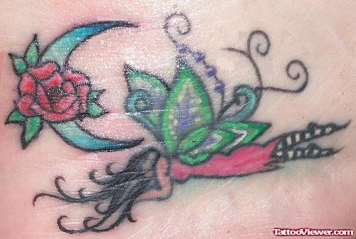 Red Rose With Moon And Fairy Tattoo