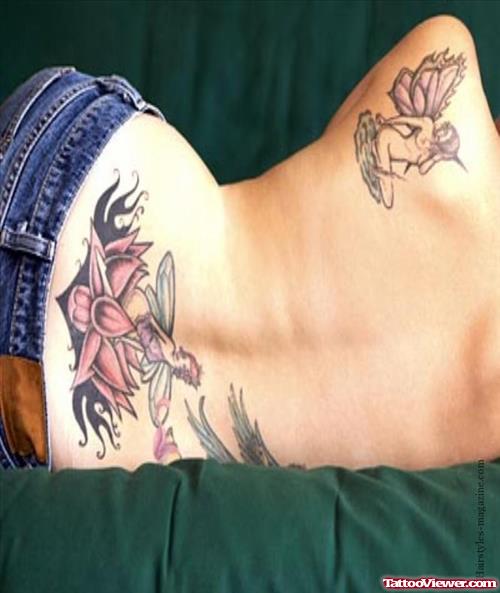 Lotus Flower And Fairy Tattoo On Back Body For Girls