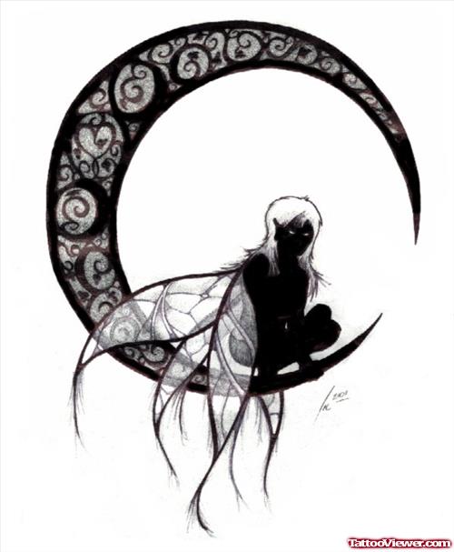Gothic Fairy And Moon Tattoo Design