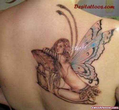 Mushroom And Fairy Tattoo On Full Back