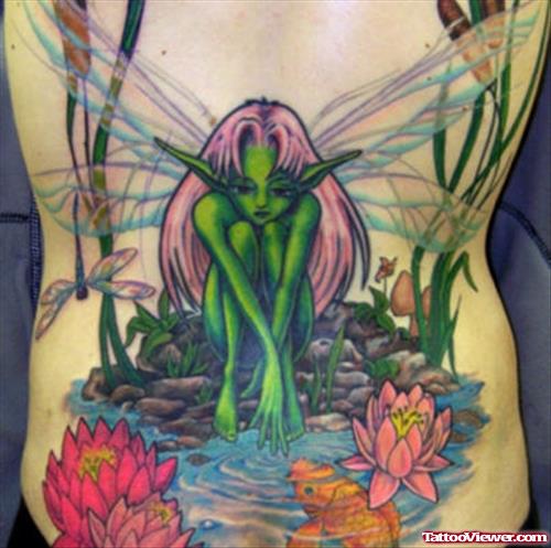 Lotus Flowers and Gothic Fairy Tattoo On Back