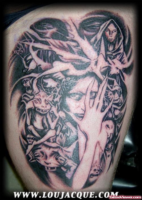 Grey Ink Scary Fairy Tattoo