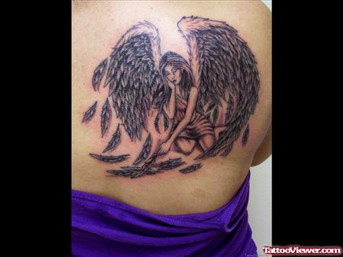 Grey Ink Fairy Angel Tattoo On Right Back Shoulder