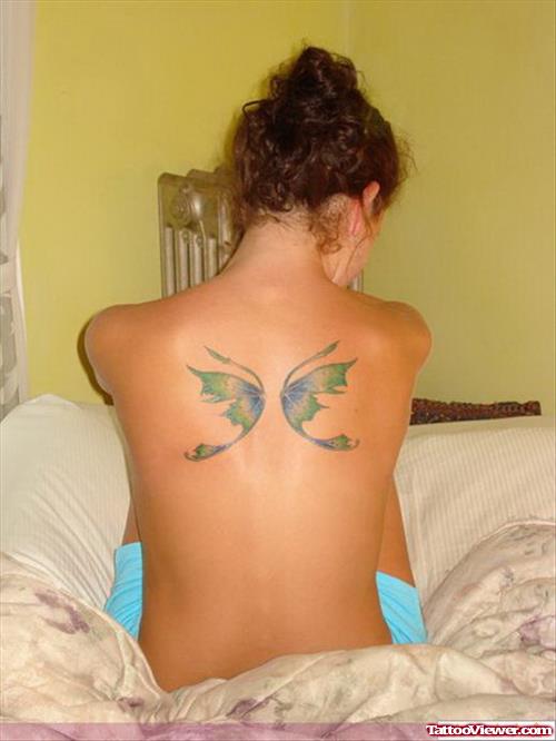 Green Ink Fairy Wings Tattoos On Back