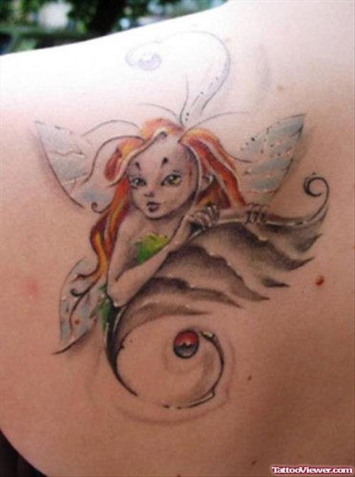 Attractive Girl Left Back Shoulder Fairy Tattoo