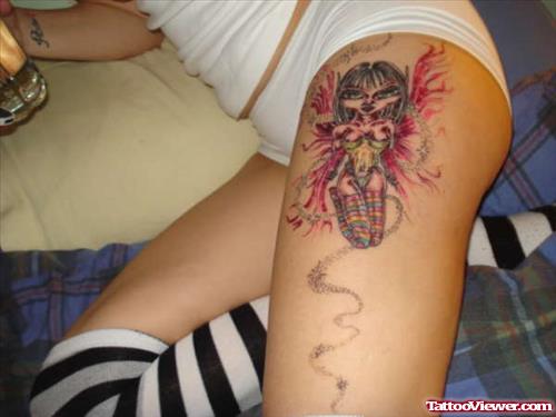 Awesome Colored Gothic Fairy Tattoo On Left Leg