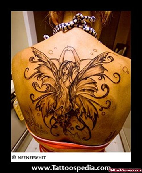 Upperback Grey Ink Fairy Tattoo