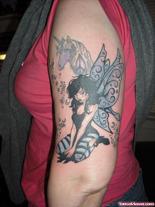 Unicorn And Fairy Tattoo On Left Half Sleeve