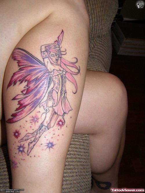 Stars And Pink Fairy Tattoo On Leg