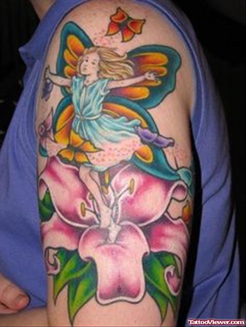 Pink Flowers And Flying Fairy Tattoo On Half Sleeve