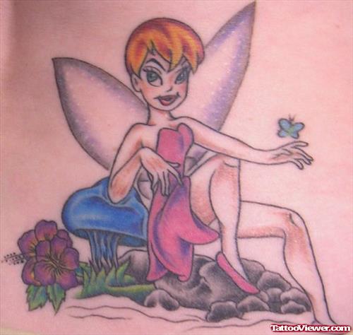 Hibiscus Flowers And Mushroom Fairy Tattoo