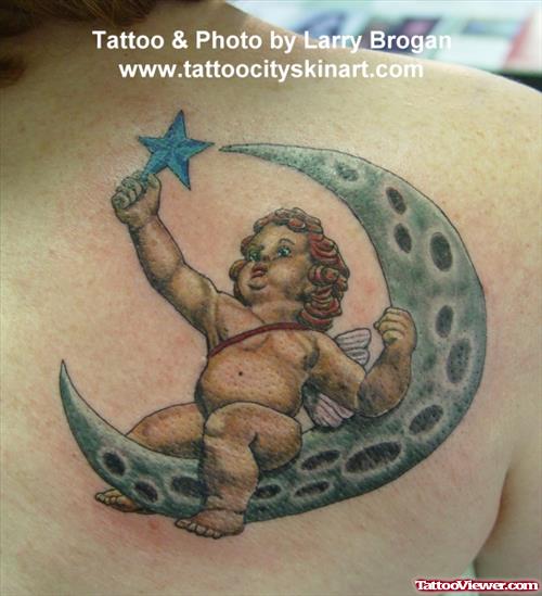 Moon, Nautical Stars And Baby Fairy Tattoo