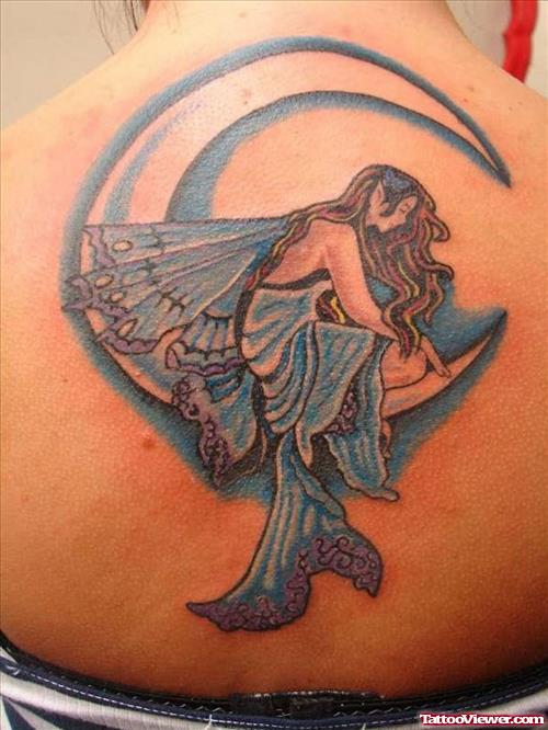 Moon And Fairy Tattoo On Back Shoulder