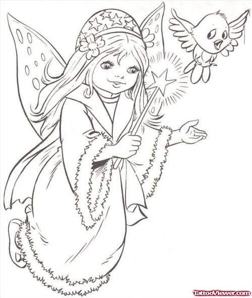 Flying Bird And Fairy Tattoo Design