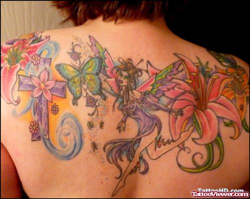 Colored Flowers Butterfly And Fairy Tattoo On Back