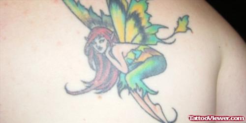Amazing Colored Fairy Tattoo On Right Back Shoulder