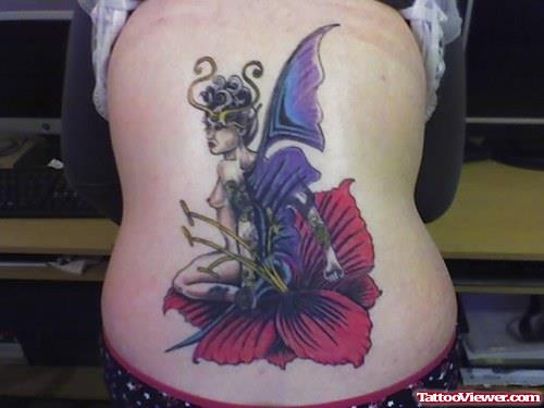 Red Flower And Fairy Tattoo On Back