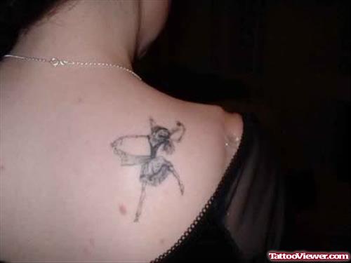 Right Back Shoulder Grey Ink Fairy Tattoo