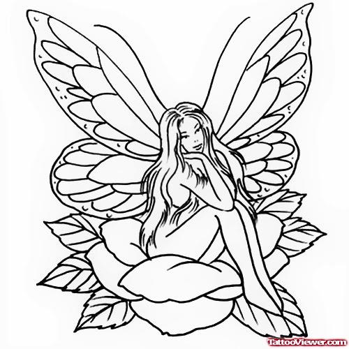 Outline Flower And Fairy Tattoo Design