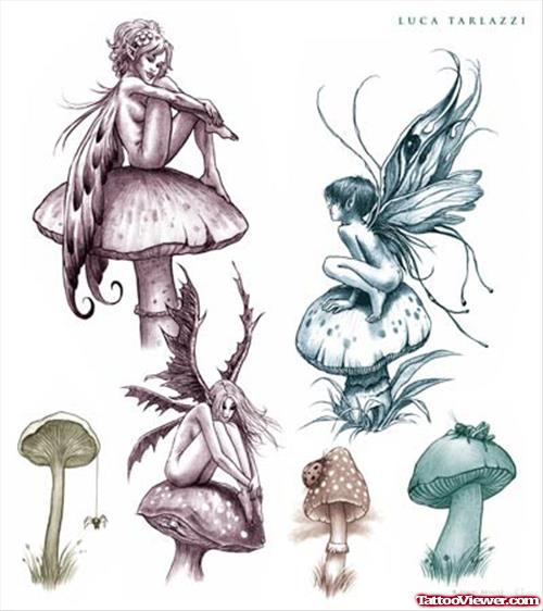 Mushrooms And Fairy Tattoos Designs