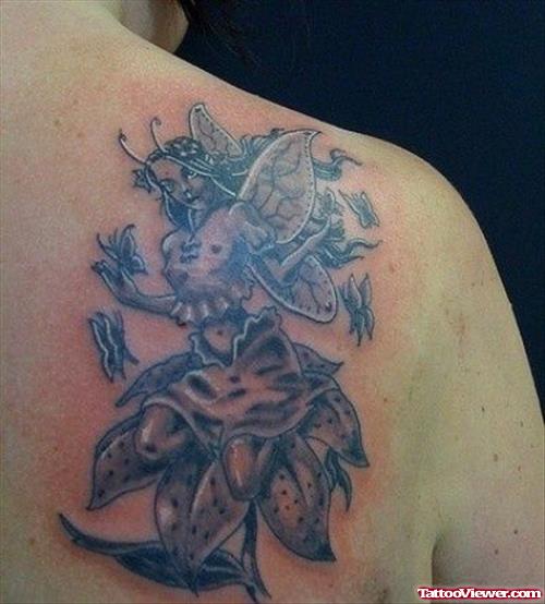 Grey Ink Fairy Tattoo On Right Back SHoulder