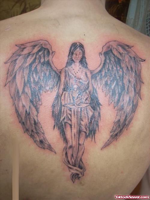 Grey Ink Angel Fairy Tattoo On Back