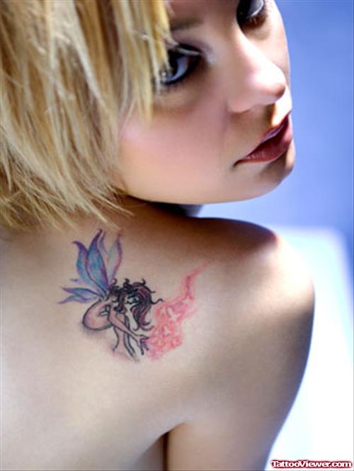 Attractive Fairy Tattoo On Back Shoulder