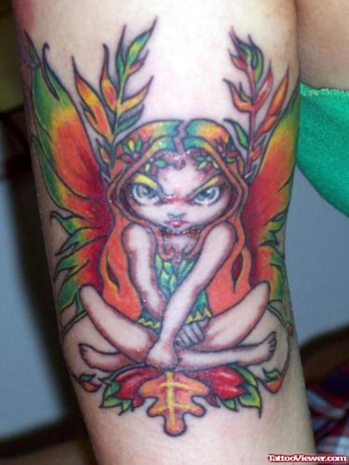 Colored Gothic Fairy Tattoo On Bicep
