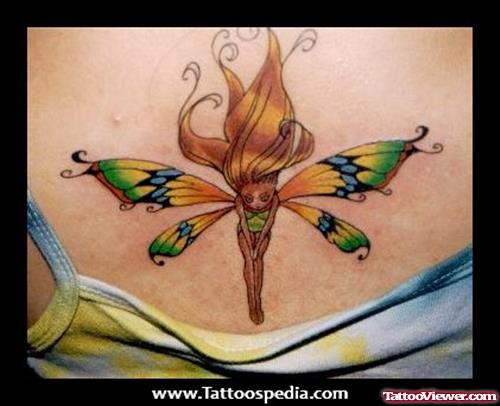 Colored Fairy Tattoo On Upperback