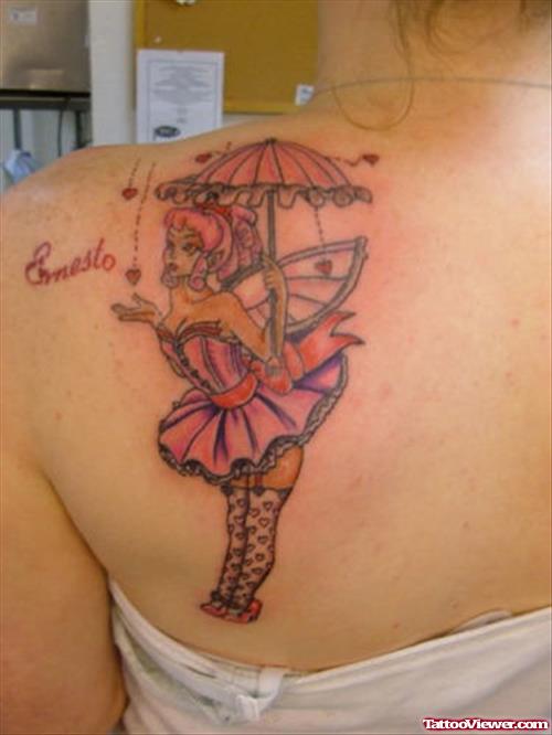 Awesome Colored Fairy With Umbrella Tattoo On Back Shoulder