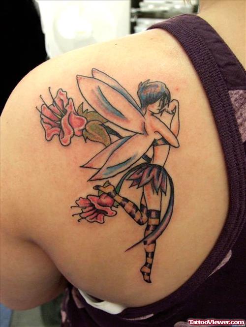 Amazing Flowers And Fairy Tattoo On Left Back Shoulder