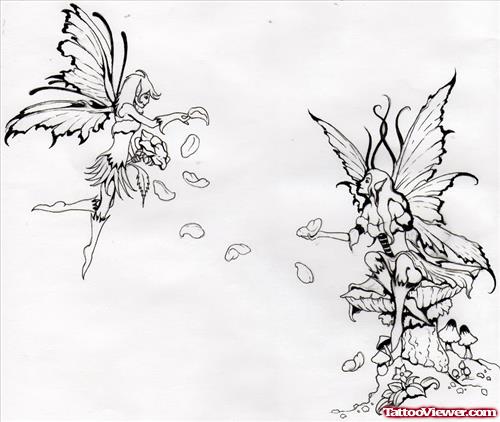 Flying And Sitting Fairies Tattoos Designs