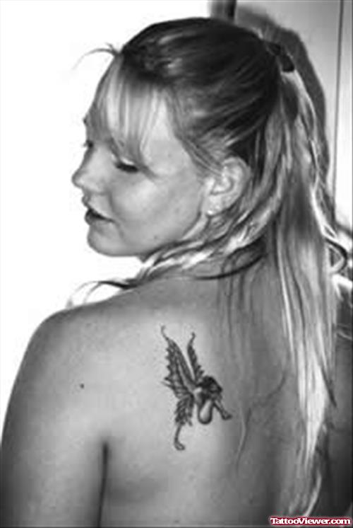 Crying Fairy Tattoo On Back Shoulder