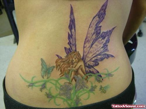 Color Flowers,Butterflies And Fairy Tattoo On Lowerback
