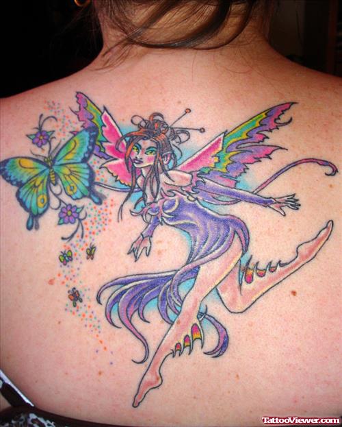 Butterflu And Fairy Tattoos On Upperback