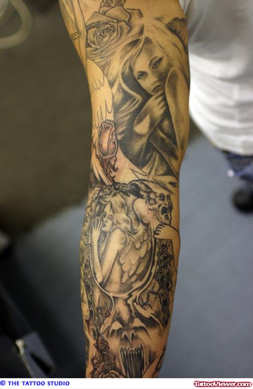 Grey Ink Angel And Fairy Tattoo On Sleeve