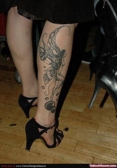Girl Right Leg Grey Ink Fairy Tattoo