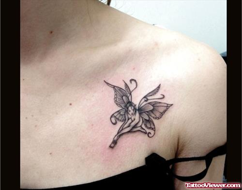 Girl Collarbone Grey Ink Fairy Tattoo