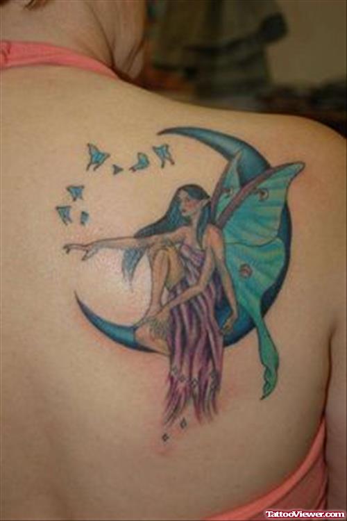 Fairy Sitting On Moon Tattoo On Right Back Shoulder