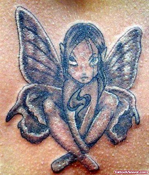 Dark Ink Fairy Tattoo On Back