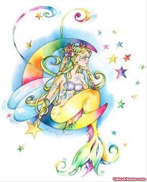 Awesome Colored Moon And Fairy Tattoos Designs