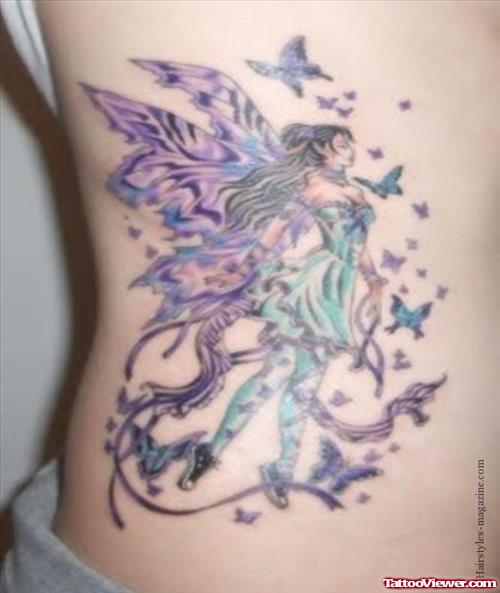 Flying Butterflies And Fairy Tattoo On Rib Side