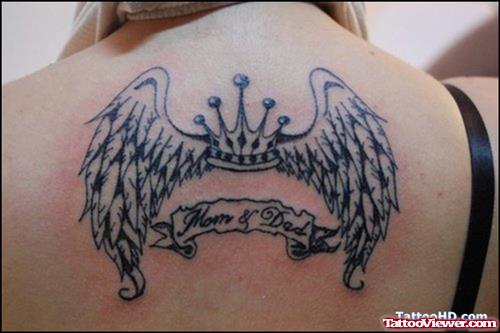 Fantasy Winged Crown Tattoo On Upperback
