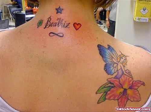 Fairy And Flower Tattoo On Back