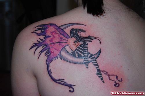 Colored Ink Moon And Fairy Tattoo On Back Shoulder