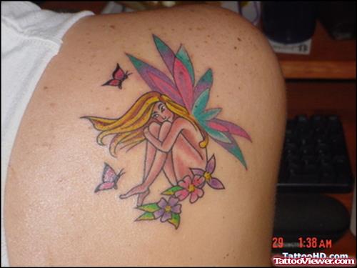 Colored Butterflies And Fairy Tattoo On Back Shoulder