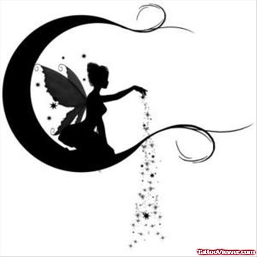 Black Ink Moon And Fairy Tattoo Design