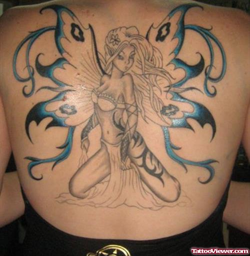 Blue Wings Fairy Tattoo On Back