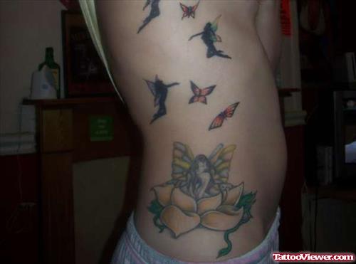 Butterflies And Fairies Tattoos On Girl Side Rib
