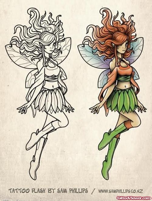 Black And Coloured Fairy Tattoo Design